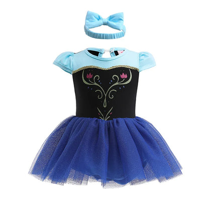 New Infant Baby Romper Blue Dress Snow White Elsa Anna Costume Cute Design Baby Cotton Dress+Headband Accessories Set