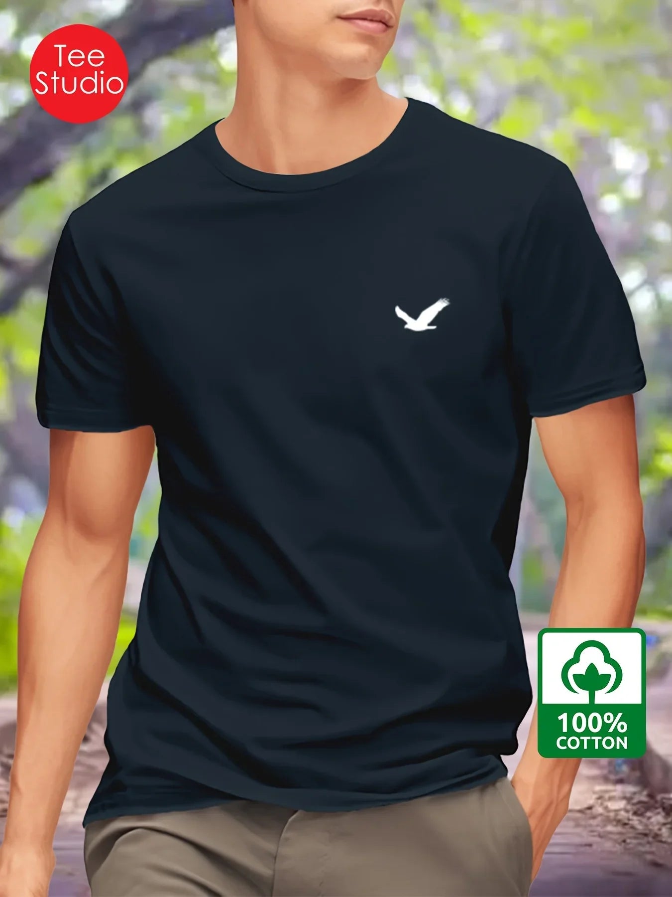 Men's Summer 100% Cotton Eagle Graphic Printed Fashion Sports and Leisure Loose Round Neck Short Sleeve T-shirt Top