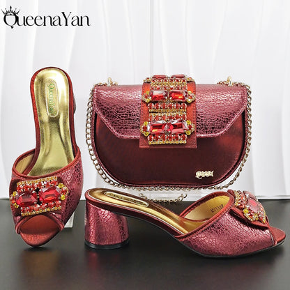 Newest Italian Design Fashion Comfortable Olive Color Peep Toe Party Wedding or Work Women's High Heels with Diamond Oval Bag