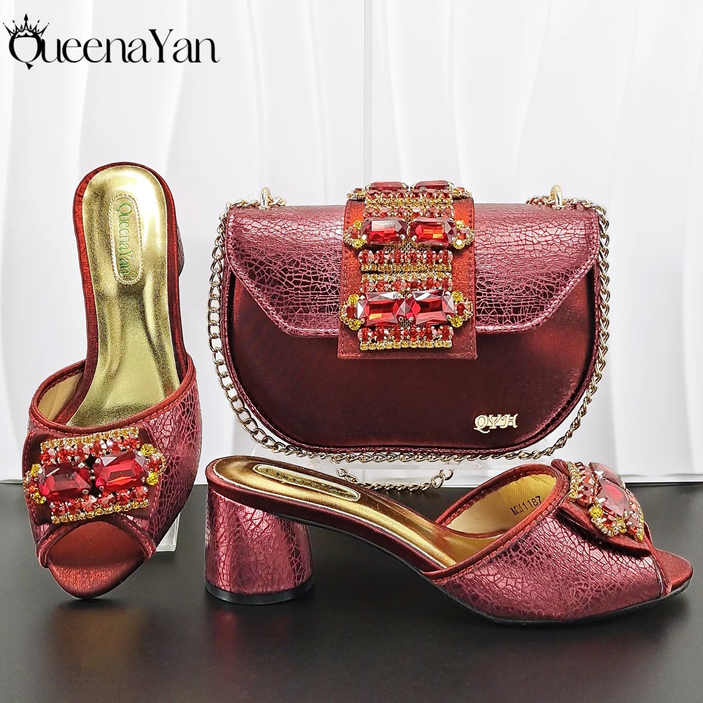 Fashion Mature  Brushed Style Rainbow Color Rhinestone Decoration Design Party Wedding Lady High Heels and Bag Set