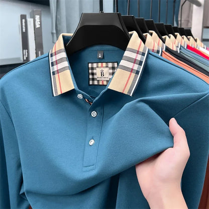 Men's Plaid Long Sleeve Polo Shirt Autumn Winter Casual Office Outdoor Fashion Top Commercial Collar Trendy Men's Clothing