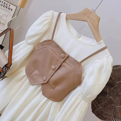 Spring Autumn Girls Dress Set Long Sleeve Children's Retro PU Leather Vest Dress Set Teenage Girls Clothing Suit 4 6 8  12Y
