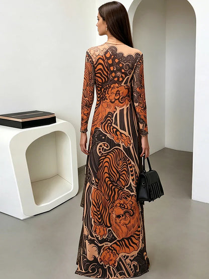 See Through T-Shirts Women Tiger Print Long Sleeve High Neck High Slits High Elastic Skinny Trend Street Hipster Tops