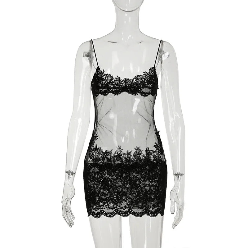 Lace Transparent Mini Dress Sexy Women Wrapping Spaghetti Embroidery Flower Sheath Nightwear Club Mesh Wave Fantacy