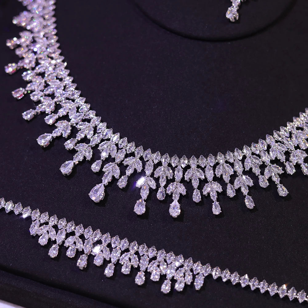 Dubai Jewelry Sets Leaf Design Bridal Necklace Earring Set 5A Cubic Zirconia Femme Ladies Wedding Accessories