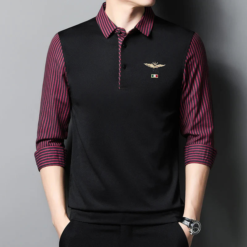 2025 New Men's Casual and Fashionable Long Sleeved POLO Shirt with Contrasting Print Anti Wrinkle Top