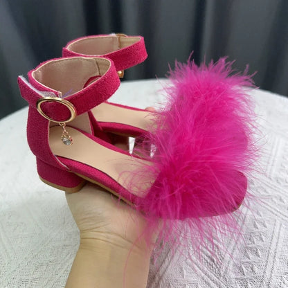 Toddler Girls Sandals Summer Low-heels Children's Sandals Open-toe Princess Fluffy New Versatile Kids Fashion Ankle-strap Shoes