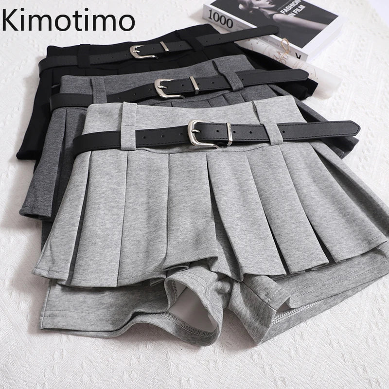 Womens Shorts Autumn Winter Belt High Waist Fluffy Pleated A-line Short Pants Korean Fashion Sexy Y2k All Match Clothes
