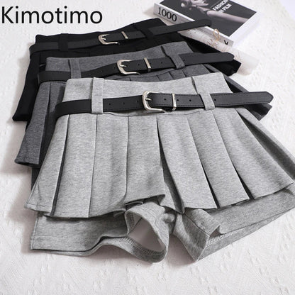 Womens Shorts Autumn Winter Belt High Waist Fluffy Pleated A-line Short Pants Korean Fashion Sexy Y2k All Match Clothes