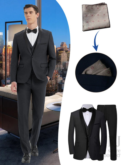 Men'S 4pcs Tuxedo Suit: Jacket, Vest, Dress Pants &Pocket Square