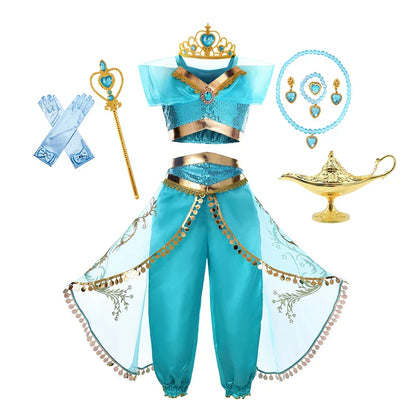 Kids Arabian Princess Dress Girls Halloween Jasmine Costume Children Carnival Cosplay Party Disguise Girl Sequins Pageant Outfit