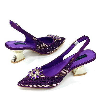 Specials Italian Women Heels Shoes and Bag Set Royal Purple Color Comfortable With Rhinestone for Party