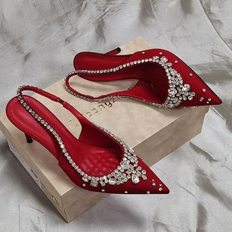 Luxury Diamonds Designer High Heels Women Satin Pointy Toe Pumps Rhinestone Sandals Female Shiny Sexy Wedding Dress Party Shoes