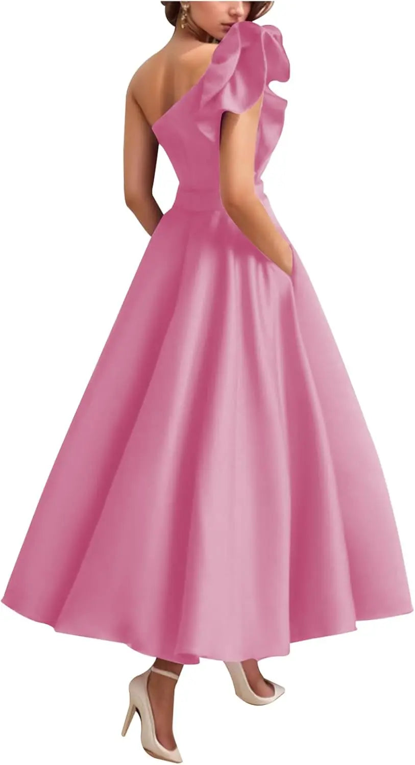 Women's One Shoulder Elegant Evening Dress with Pockets Satin Tea Length A Line Formal Wedding Guest Dress Prom Dresses