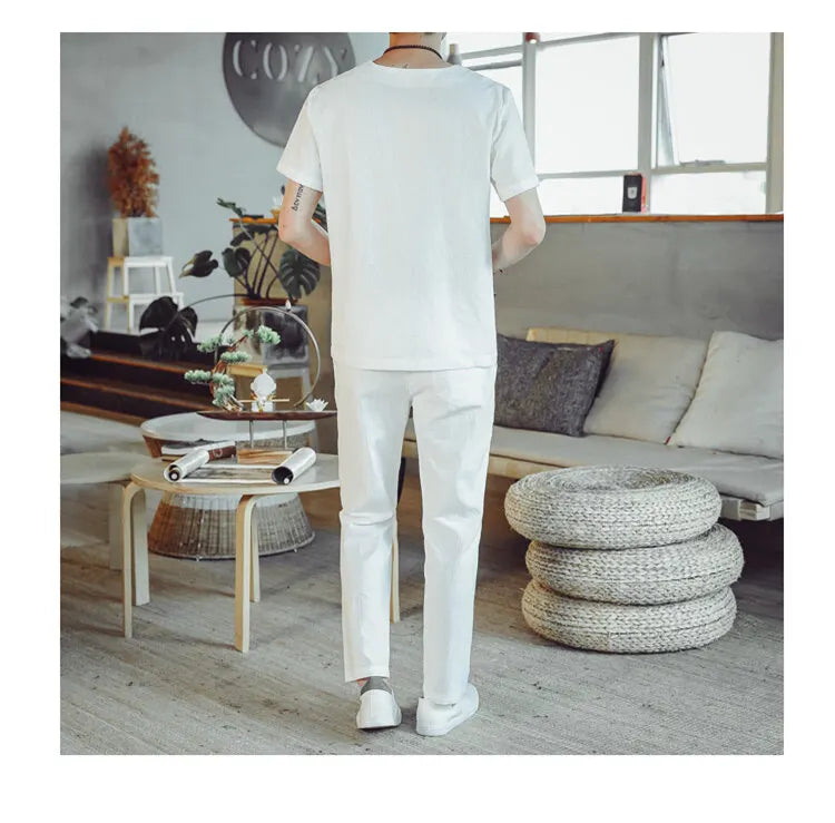 (Shirt + trousers) 2025 summer Chinese Style men shirt Cotton and linen shirts men's High quality casual shirts Two Piece M-5XL