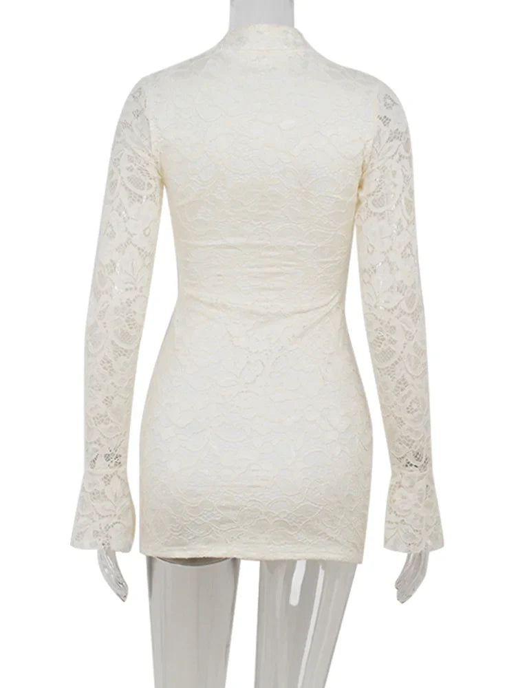 Lace Women's Mini Dresses Solid Sheer Hollow Out Turtleneck Long Flare Sleeves Sheath Bodycon Streetwear Vestidos