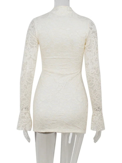 Lace Women's Mini Dresses Solid Sheer Hollow Out Turtleneck Long Flare Sleeves Sheath Bodycon Streetwear Vestidos
