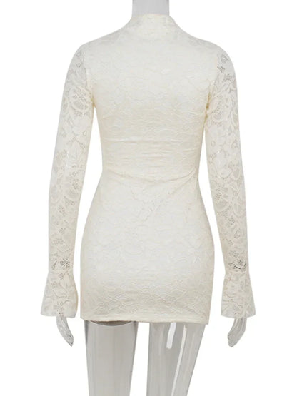 Sexy Lace Women's Mini Dresses Solid Sheer Hollow Out Turtleneck Long Flare Sleeves Sheath Bodycon Streetwear Vestidos