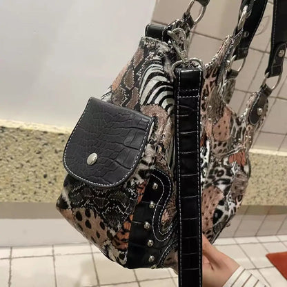 Women Handbag Stitching Leopard Top-handle Shoulder Bag PU Dumpling Pack Multi-pockets Shoulder Bags Phone Money Pack