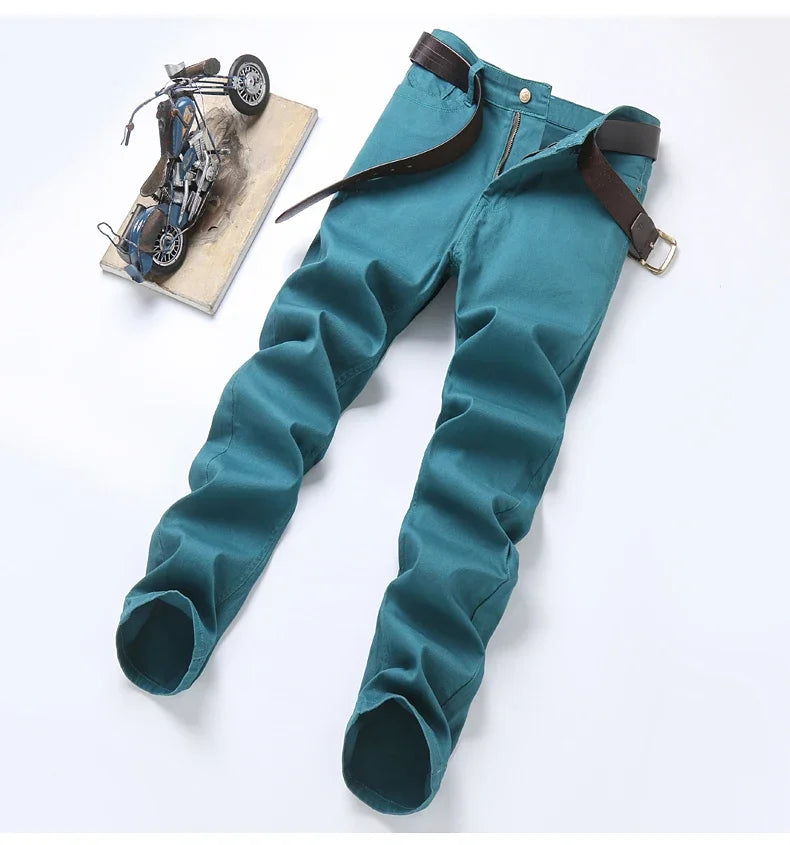 2024 Autumn New Men's Stretch Fit Jeans Bright Trendy Denim Straight-leg Trousers Male Red Lake Blue Yellow Trousers
