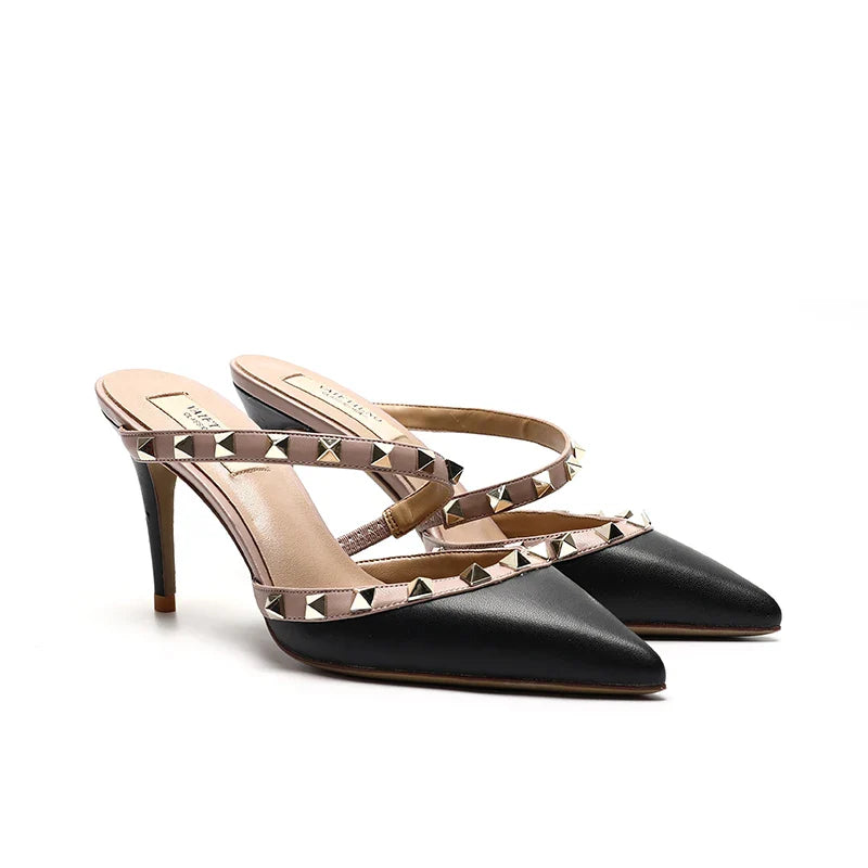 2025 New Genuine Leather Gladiator Pumps Sandals Luxury Metal Rivets Summer Women Outdoor Slippers Black Fashion High Heels 41