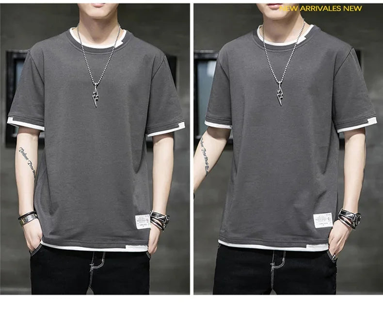 Classic Fake Two Short Sleeved Men's Pure Cotton T-shirt, Men's Summer Men's Interior Matching Trendy Brand T-shirt