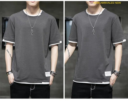 Classic Fake Two Short Sleeved Men's Pure Cotton T-shirt, Men's Summer Men's Interior Matching Trendy Brand T-shirt