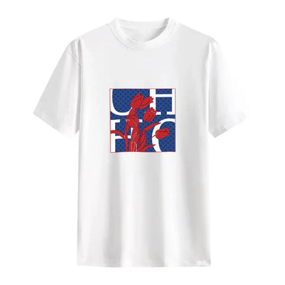 Women's T Shirts Short Sleeve O Neck Casual Flower Design Cotton Female Tops Women Tee Tops