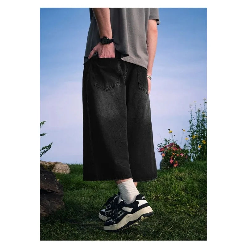 Men's 2026 Summer American High Street Retro Gradient Washed Denim Shorts Lazy Youth Trendy Ins New Versatile Casual Capri Pants