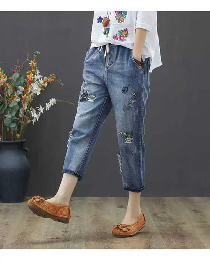 Womens Vintage Floral Loose Denim Pants 2025 Spring Chinese Style Casual Ripped Blue Jeans Holes Elastic Harem Trousers