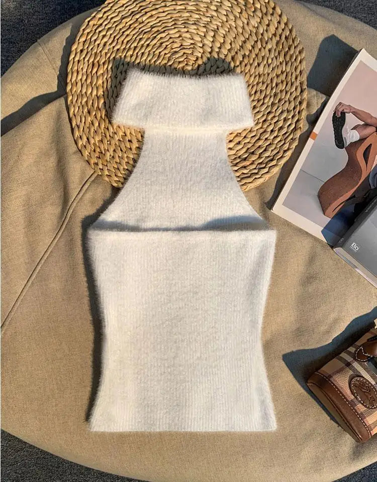 Spice Girl Hair Halter Neck Camisole Female Imitation Mink Inside Tank Top  Autumn and Winter Design Sense Knitted Bandeau Top