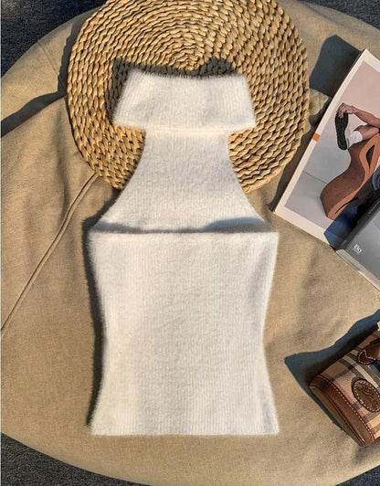 Spice Girl Hair Halter Neck Camisole Female Imitation Mink Inside Tank Top  Autumn and Winter Design Sense Knitted Bandeau Top