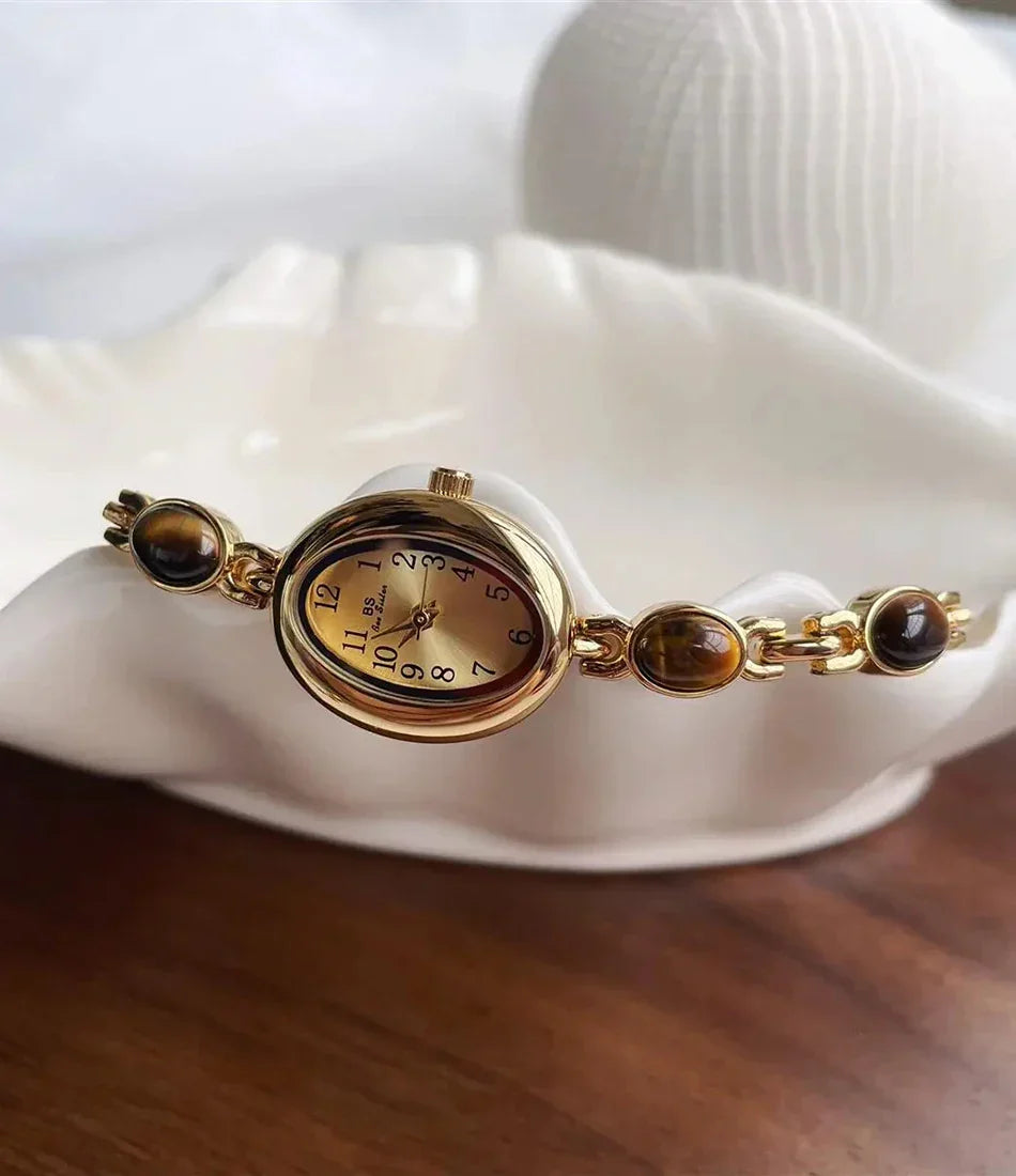 Luxury Vintage Quartz Women's Watches Fashion Natural Green Jade Bracelet Clock Numerals Small Oval Dial Watch Woman Accesories