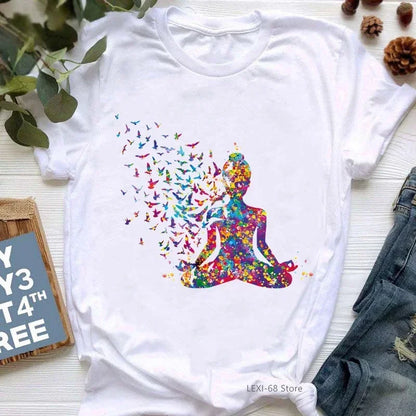 Yoga Print Tshirt Women Bird Om Aum Jade Buddha Meditation Tie Die T Shirt Femme T-Shirt Tops