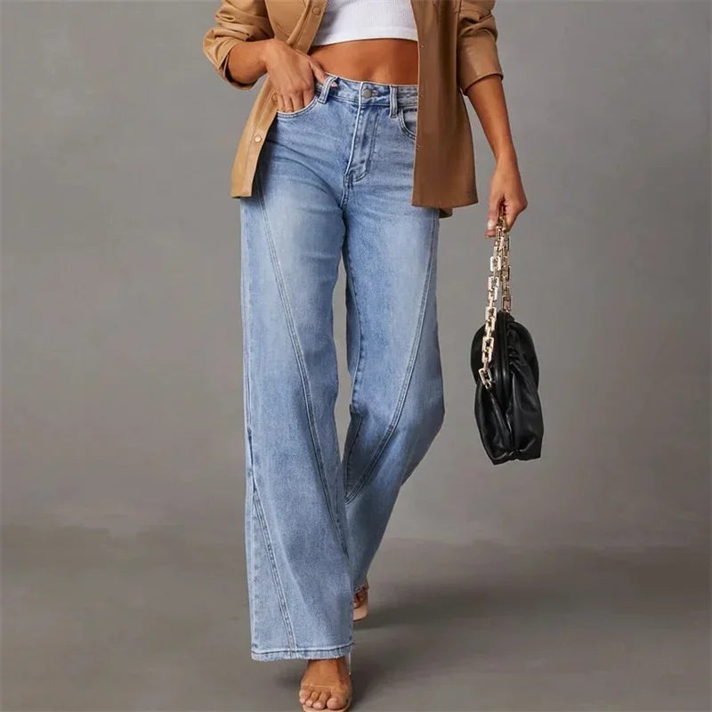 Women Mid Waist Loose Micro Flared Denim Pants
