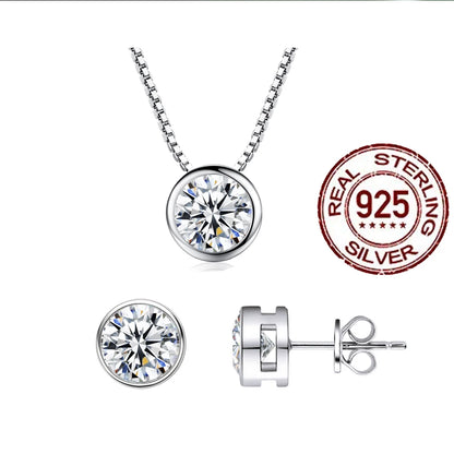 Conjunto de Joias em Prata Esterlina 925 Genuína, Colar Simples com Zircônia Cúbica Redonda Brilhante e Brincos para Mulheres, Casamento ST001