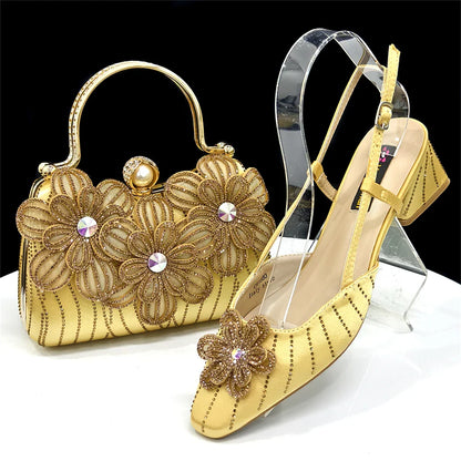 Elegant Italian Women's Blue Color Rhinestone Heels with Floral Design & Matching Clutch Bag Set - Perfect for Parties
