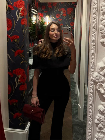 Elegant Black Turtleneck Cloak Tops Women Solid Short Sleeve Waist Cinching A-line Short Top 2026 Lady Spring Street Outwear