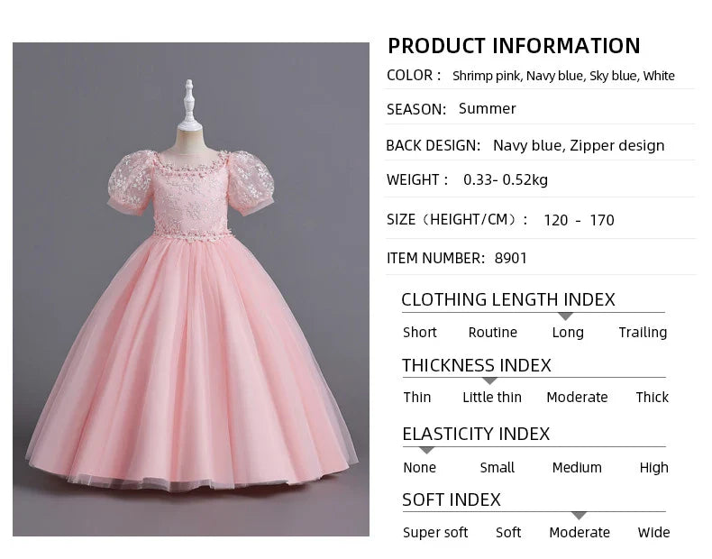8901 Vestido Infantil para Meninas de 4 a 12 anos Princesa Lantejoulas Manga Bufante Longo Tule Florista Casamento Verão Pequeno