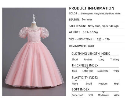 8901 Vestido Infantil para Meninas de 4 a 12 anos Princesa Lantejoulas Manga Bufante Longo Tule Florista Casamento Verão Pequeno