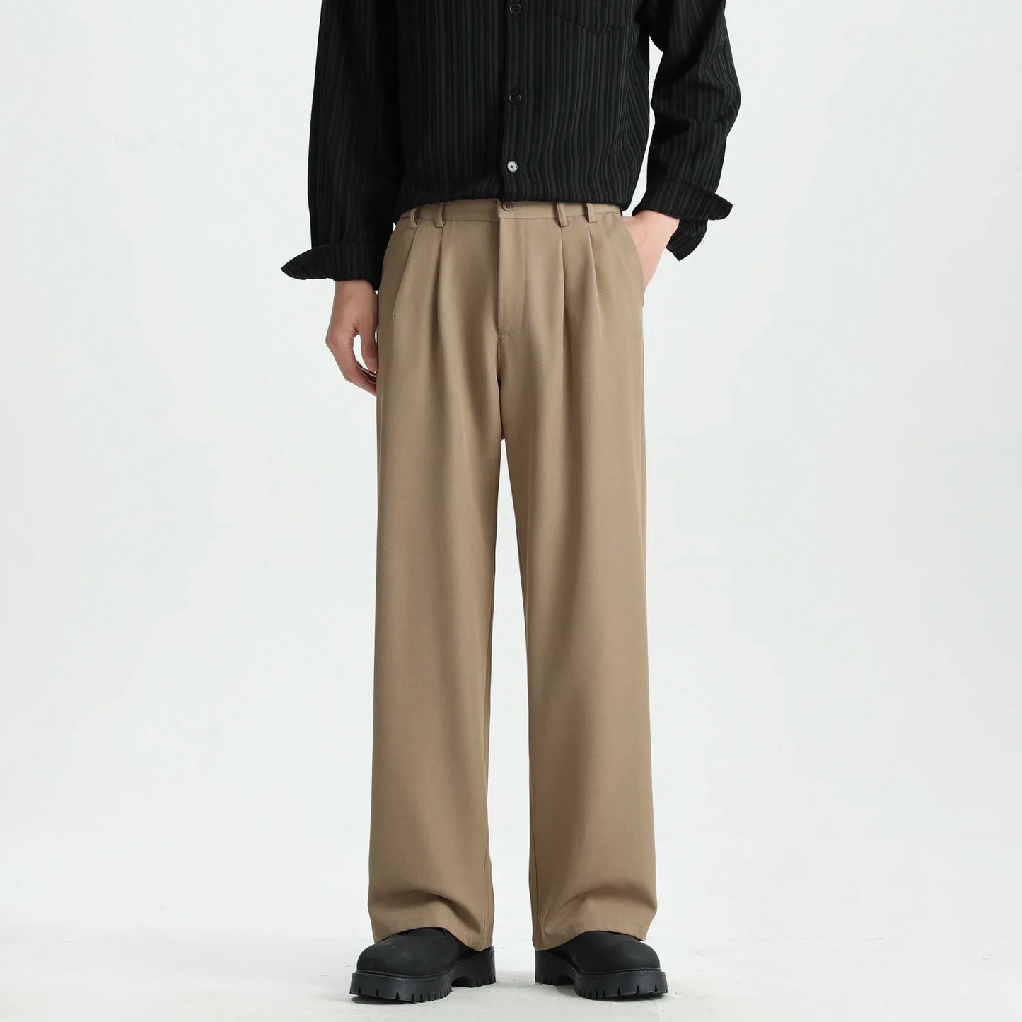 Spring New Loose Straight Pants Men Elastic Waist Double Pleats Wide Legs Casual Drape Fashionable Anti-wrinkle Trousers