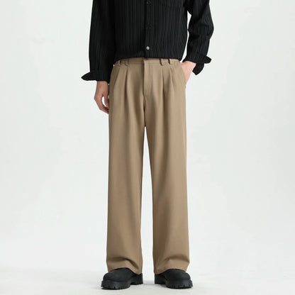 Spring New Loose Straight Pants Men Elastic Waist Double Pleats Wide Legs Casual Drape Fashionable Anti-wrinkle Trousers