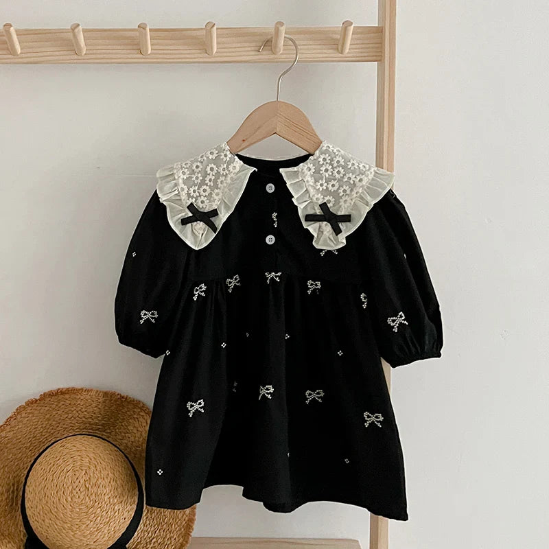 Outono 0-6 anos Vestido de Princesa para Meninas Roupas de Bebê Menina Gola Borboleta Roupas de Bebê Menina Peça Única Vestido Infantil Bordado