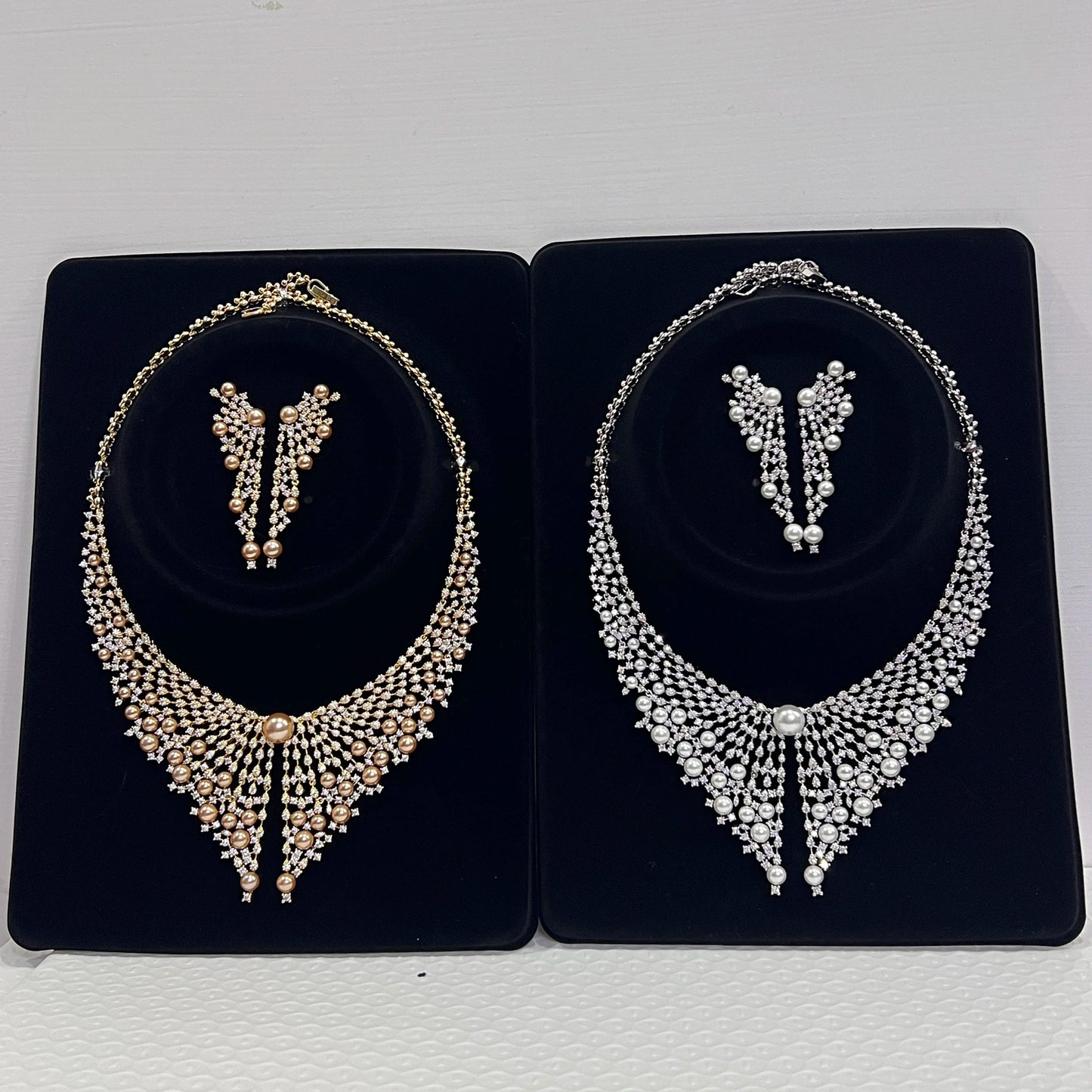 Luxury Cubic Zirconia 2pcs Pearl Necklacе Nigeria Dubai Bridal Wedding Jewellery Sets For Women Party  Accessories