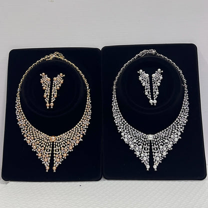 Luxury Cubic Zirconia 2pcs Pearl Necklacе Nigeria Dubai Bridal Wedding Jewellery Sets For Women Party  Accessories