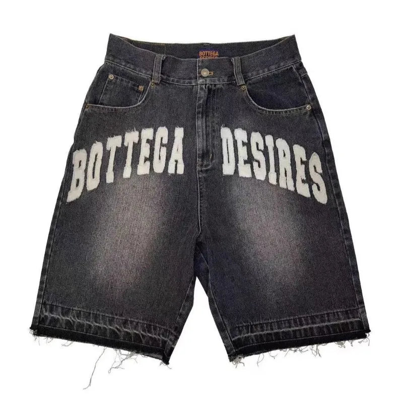Y2k Vintage Harajuku Denim Shorts Women Washed Letter Embroidery Tassels American Retro Jeans Man Baggy Hip Hop Jorts