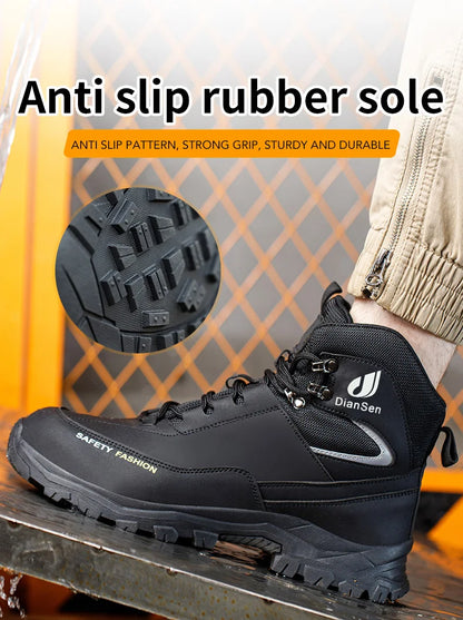 Men Work Boots Puncture-Proof Waterproof Work Shoes Steel Toe Safety Boots Industrial Indestructible Boots Side Leather Shoes