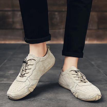 Men Lightweight Sneakers Non-slip Sole Stitch Genuine Solid Leather Shoes Outdoor Casual Walking Driving Flats Shoes