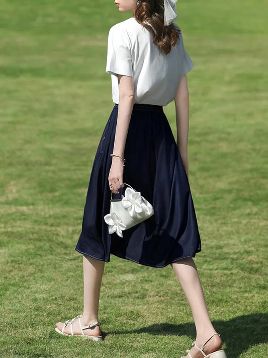 Dark Blue Denim Midi Skirt for Women 2026 Spring Elastic Waist Skirts Casual A-Line Skirt with Pockets 2261026207