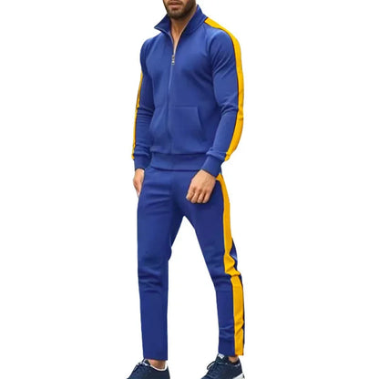 2025 Spring Autumn Men's 2-Piece Set Color Blocking Zipper Stand Collar Casual Sports Jacket Sweatshirt Trousers Suit